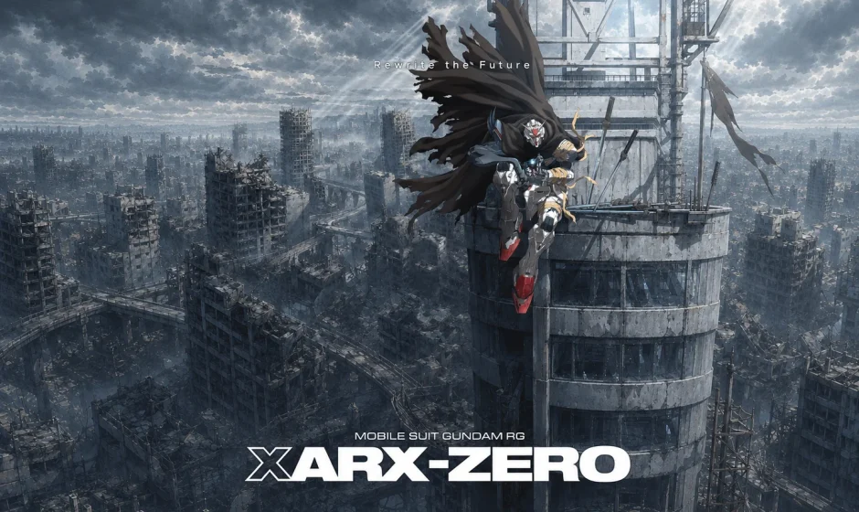 Gundam ZERO wearing a torn black cloak in the Mobile Suit Gundam RG XARX-ZERO key visual.