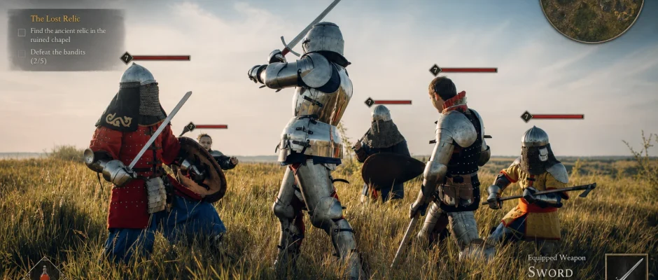 Knights sparring in a medieval training scene with an RPG-style game interface overlay