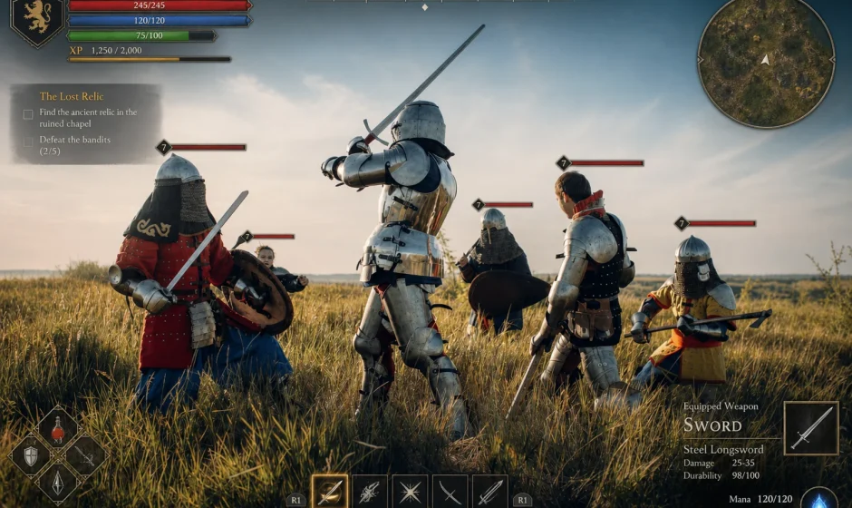 Knights sparring in a medieval training scene with an RPG-style game interface overlay